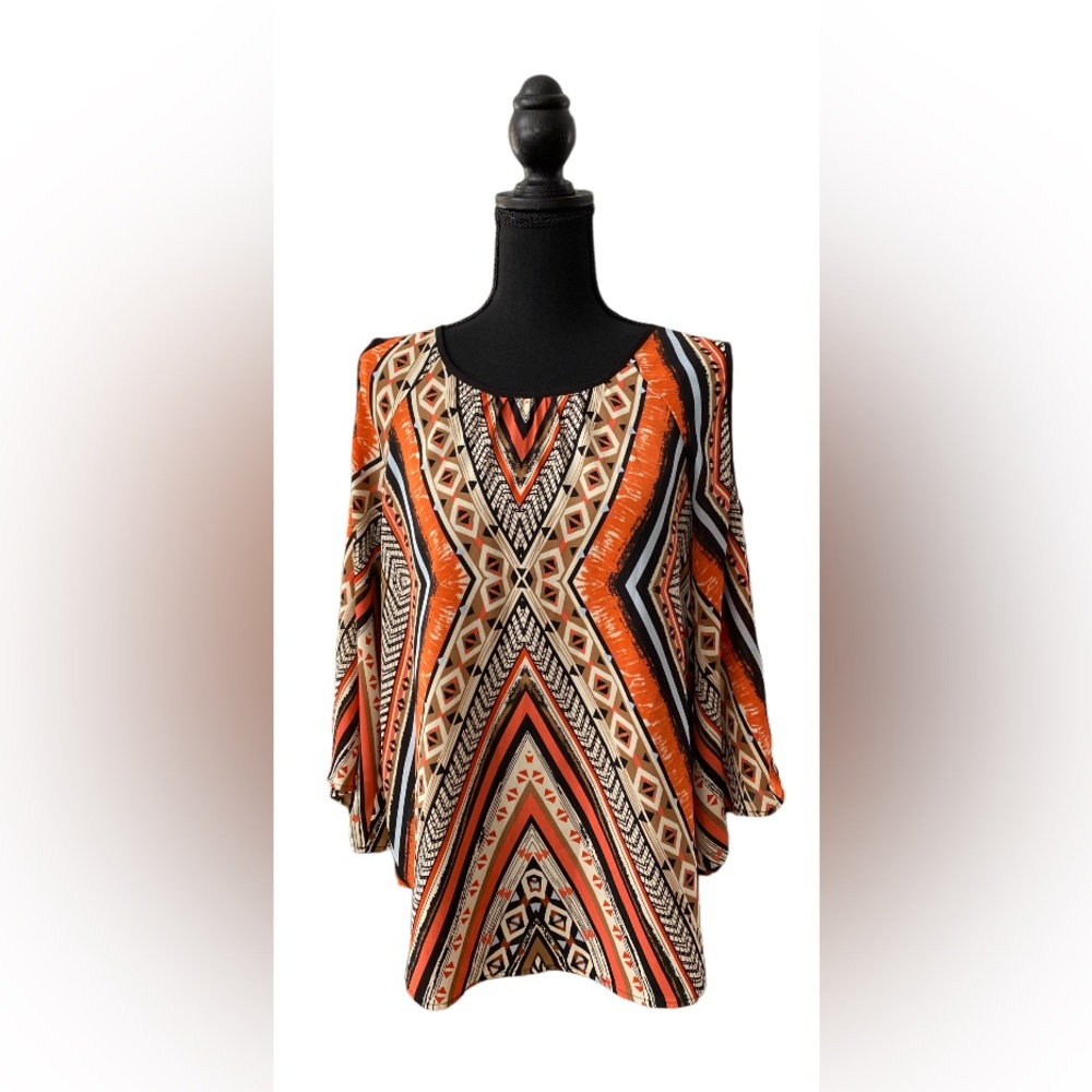Black Rainn: Orange, Black and Cream Aztec Pattern Cold Shoulder Blouse